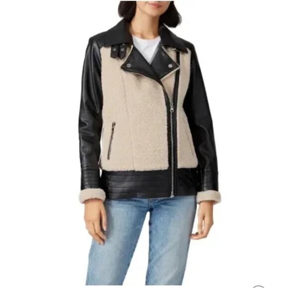 Slate & Willow Aviator Beige Black 100% Leather Sherpa Zip Up Moto Coat Jacket S - Picture 4 of 6
